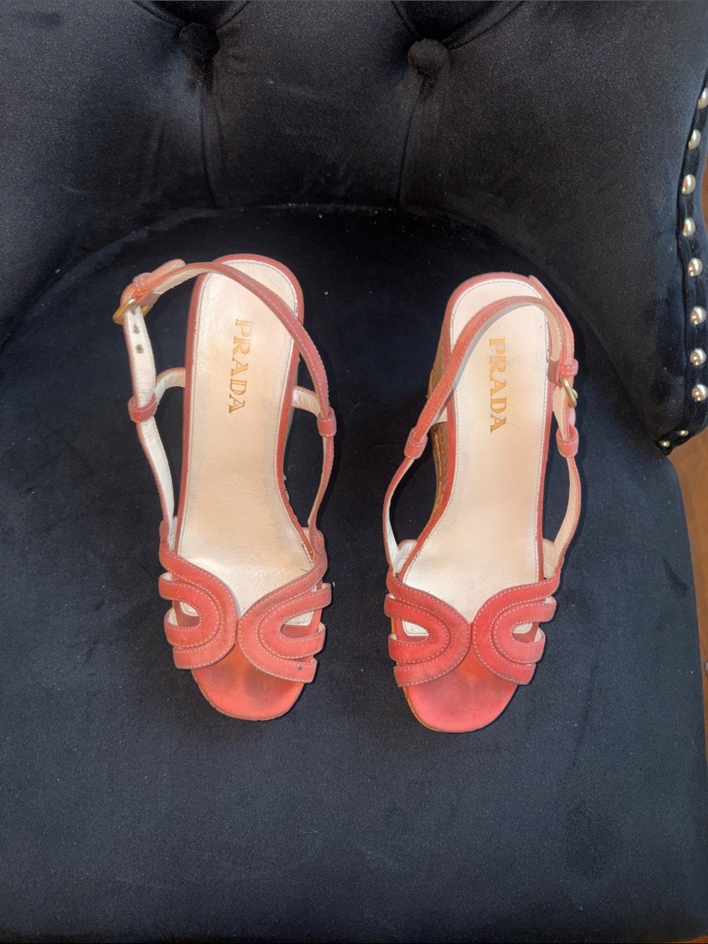 Prada Coral-Peach Leather Slingback Wedge Sandals - Picture 12 of 16